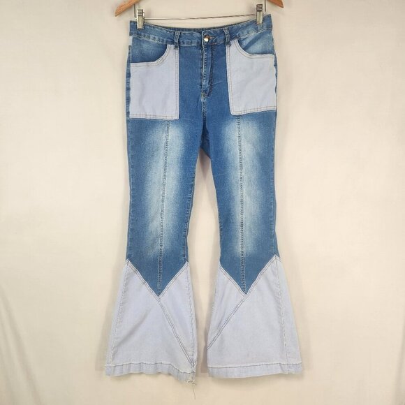 Two Tone Flare Leg Denim Jeans Women's L Boho Grunge Y2K Hippie Mid Rise Retro - Picture 1 of 10